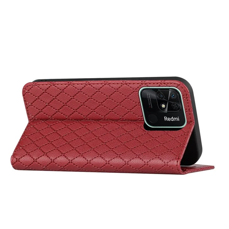 For Xiaomi Redmi 10C Rhombus Pattern Phone Flip Leather Wallet Case Litchi Texture Wear-resistant Cover with Stand - Red