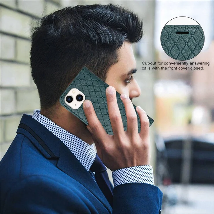 Wallet Case for iPhone 13 mini 5.4 inch Shockproof Folio Flip Cover Rhombus Pattern Embossed Phone Cover Litchi Texture PU Leather Stand Case with RFID Blocking Function - Green