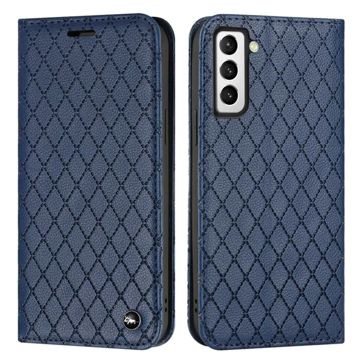 For Samsung Galaxy S21 FE 5G Rhombus Embossing Litchi Texture Phone Drop-proof Case RFID Blocking PU Leather Flip Stand Wallet Cover - Blue