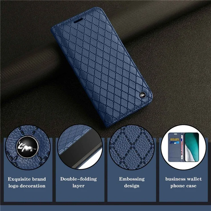 For Samsung Galaxy S21 5G / S21 4G / S30 5G RFID Blocking PU Leather Full-protection Cover Rhombus Embossing Litchi Texture Flip Stand Wallet Phone Case - Blue