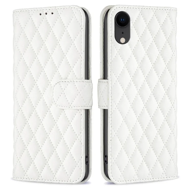 BINFEN COLOR Wallet Book Style Cover for iPhone XR 6.1 inch, BF Style-14 Imprinted Rhombus Pattern Matte Anti-drop Phone Case with Stand - White
