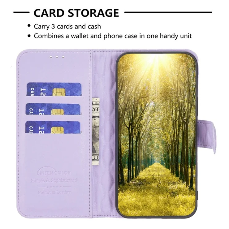 BINFEN COLOR Shockproof Wallet Case For iPhone 12 Pro Max 6.7 inch, BF Style-14 Imprinted Rhombus Pattern PU Leather Matte Anti-wear Phone Cover with Stand - Purple