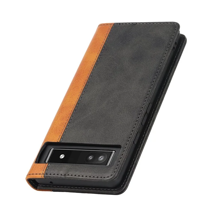 Bi-color Splicing Phone Case for Google Pixel 6a, Magnetic Auto-absorbed PU Leather Wallet Stand Flip Cover - Black / Yellow