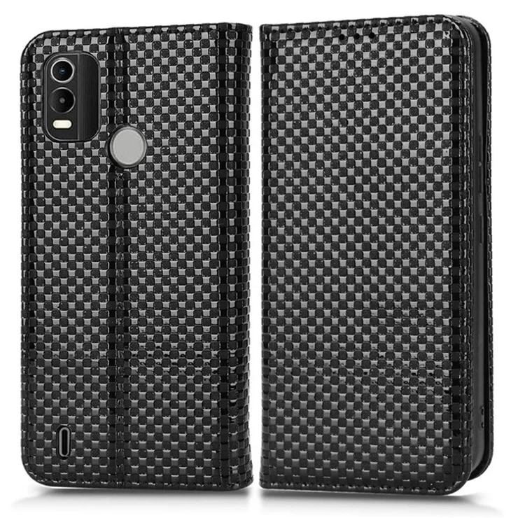For Nokia C21 Plus 4G Grid Texture PU Leather Stand Case Magnetic Auto-absorbed Wallet Design Cell Phone Cover - Black