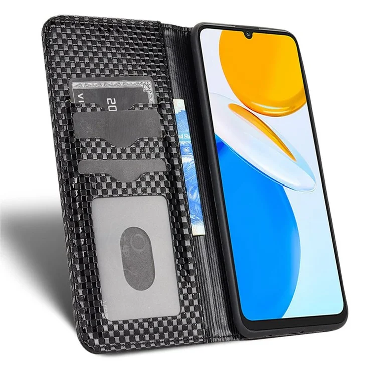 For Honor X7 Strong Magnetic Auto-absorbed Grid Texture PU Leather Stand Cell Phone Case Wallet Cover - Black