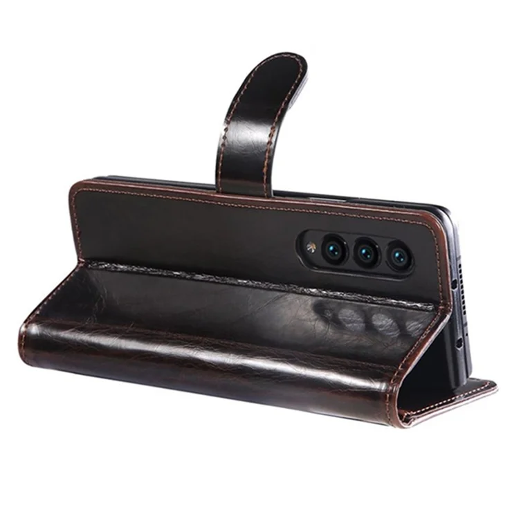 For Samsung Galaxy Z Fold4 5G Waxy Texture PU Leather Stand Wallet Phone Case Magnetic Clasp Zipper Pocket Cover - Brown
