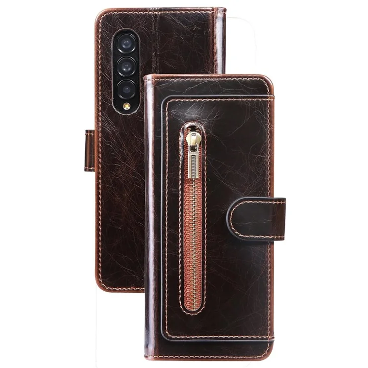 For Samsung Galaxy Z Fold3 5G Waxy Texture Zipper Pocket PU Leather Case Stand Wallet Folio Flip Phone Cover - Brown