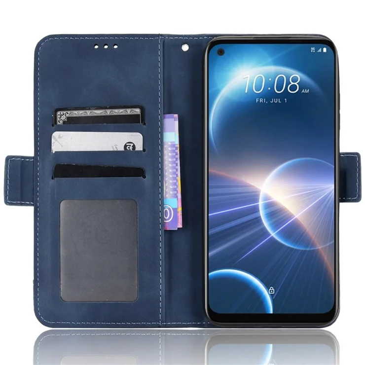For HTC Desire 22 Pro 5G Bump Proof PU Leather Flip Wallet Case Multiple Card Slots Stand Magnetic Mobile Phone Cover - Blue