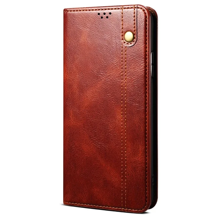 Anti-drop Waxy Crazy Horse Texture Phone Case for Xiaomi Poco M4 5G, PU Leather Magnetic Auto-absorbed Stand Wallet Cover - Brown