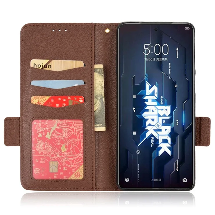 For Xiaomi Black Shark 5 Cell Phone Case Drop-proof Anti-wear Litchi Texture Wallet Stand PU Leather Magnetic Shell - Brown
