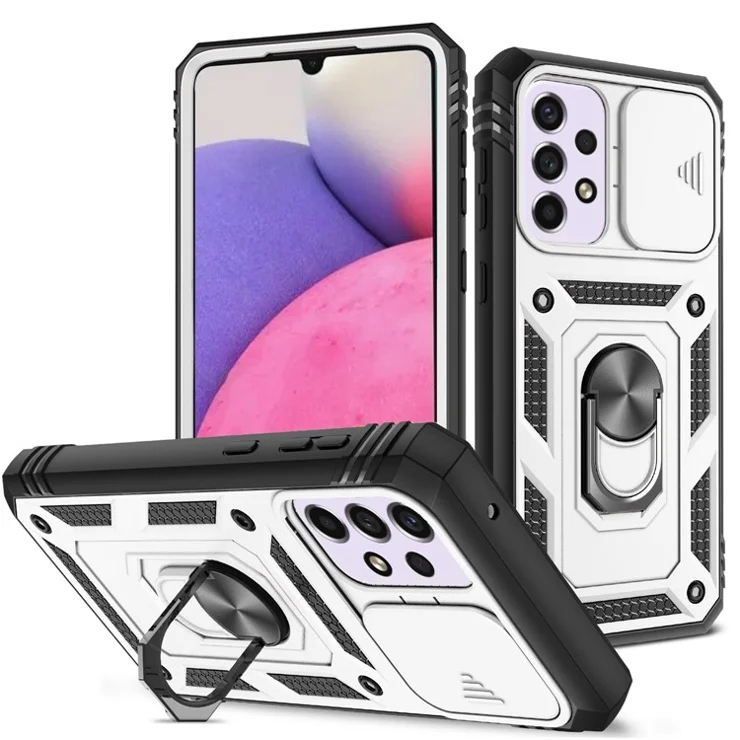 For Samsung Galaxy A33 5G Kickstand Card Holder Phone Case Case Hybrid Soft TPU Hard PC Back Shell with Slide Camera Cover - White / Black