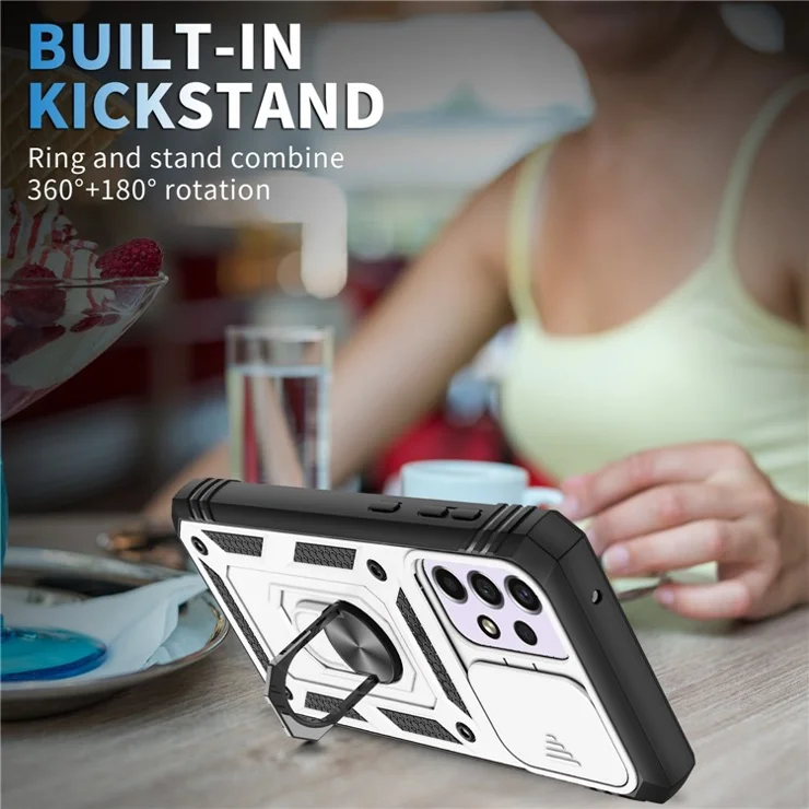 For Samsung Galaxy A33 5G Kickstand Card Holder Phone Case Case Hybrid Soft TPU Hard PC Back Shell with Slide Camera Cover - White / Black