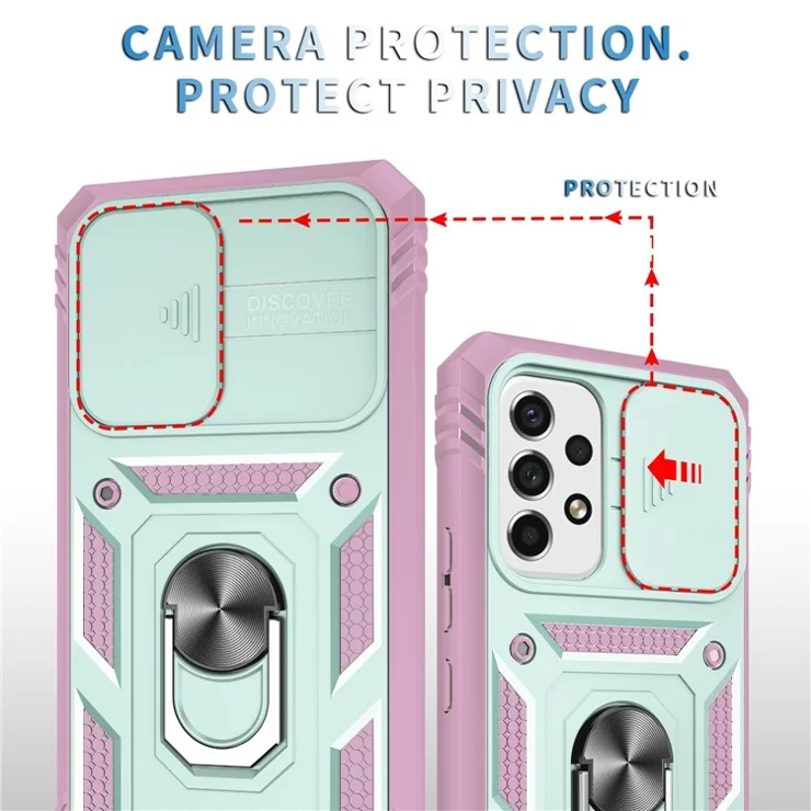 For Samsung Galaxy A53 5G Camera Sliding Door Design Phone Case Hard PC Soft TPU Defender Kickstand Cover with Card Slot - Green / Pink