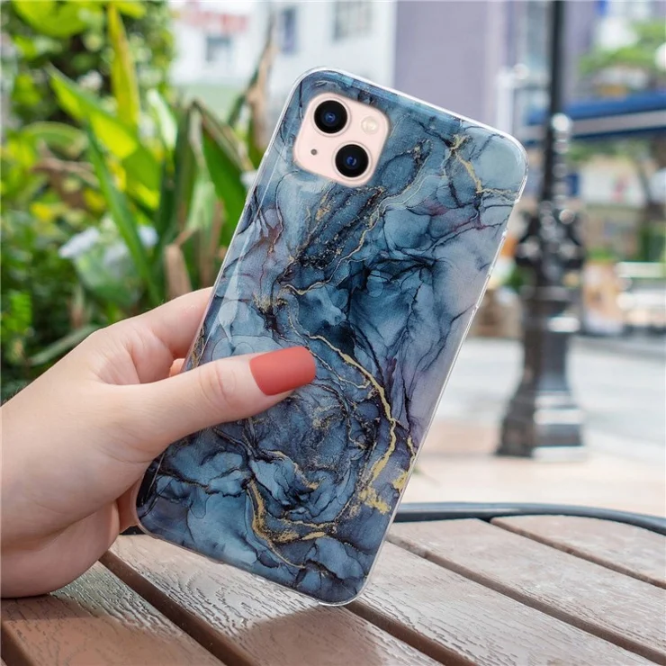 Soft TPU Case for iPhone 14 Plus 6.7 inch, IMD Marble Pattern Shockproof Anti-fall Mobile Phone Shell - Grey
