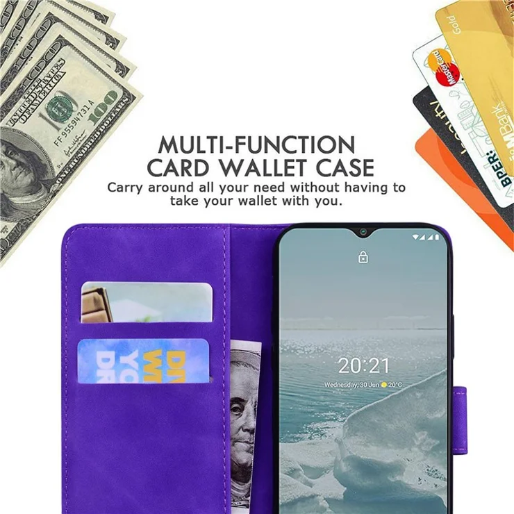 For Nokia C21 Butterfly Pattern Printing Flip Phone Cover Skin-touch Leather Inner TPU Wallet Magnetic Closure Stand Protective Smartphone Case - Purple