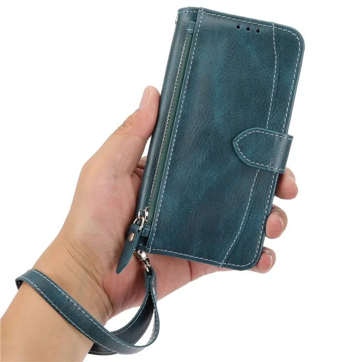 For iPhone 7 / 8 4.7 inch / SE (2020) / SE (2022) Stand Wallet Folio Flip Cell Phone Case Zipper Pocket PU Leather Magnetic Phone Shell with Long / Short Straps - Green