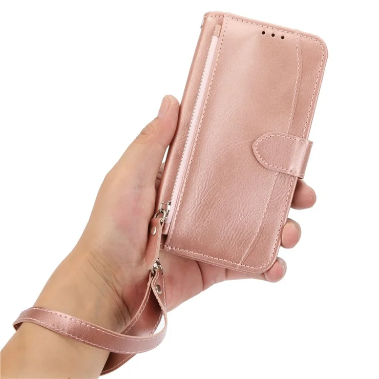 For iPhone 7 / 8 4.7 inch / SE (2020) / SE (2022) Stand Wallet Folio Flip Cell Phone Case Zipper Pocket PU Leather Magnetic Phone Shell with Long / Short Straps - Rose Gold