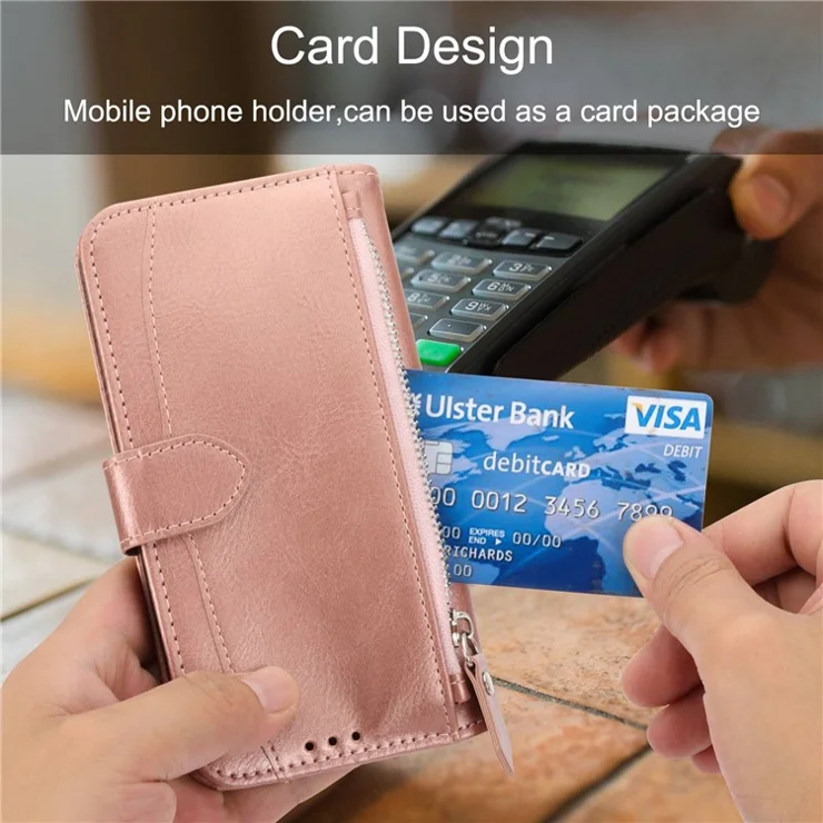 For iPhone 7 / 8 4.7 inch / SE (2020) / SE (2022) Stand Wallet Folio Flip Cell Phone Case Zipper Pocket PU Leather Magnetic Phone Shell with Long / Short Straps - Rose Gold