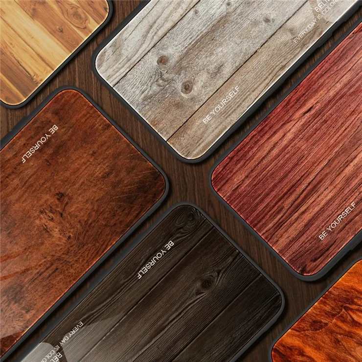 For iPhone 14 Pro Max 6.7 inch Wood Texture Slim Phone Case Tempered Glass Back TPU Frame Protective Cover - Orange