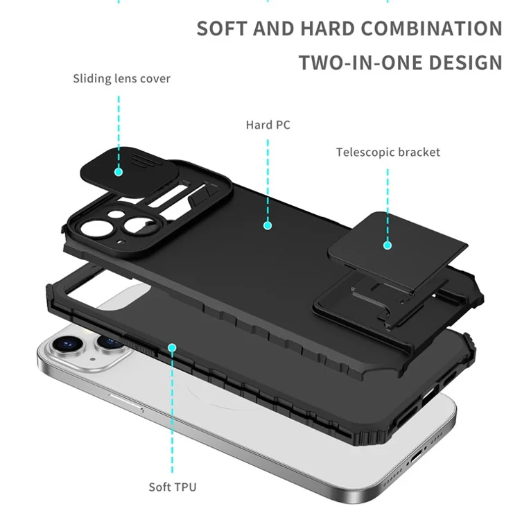For iPhone 14 Plus 6.7 inch Cell Phone Shell Kickstand PC + TPU Hybrid Cover Slide Camera Protection Anti-scratch Phone Case - Black