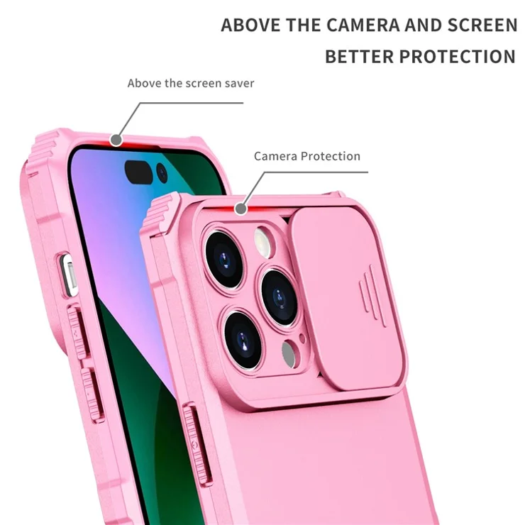 For iPhone 14 Pro Max 6.7 inch Slide Camera Protection Cell Phone Shell Kickstand PC + TPU Hybrid Cover Phone Case - Pink