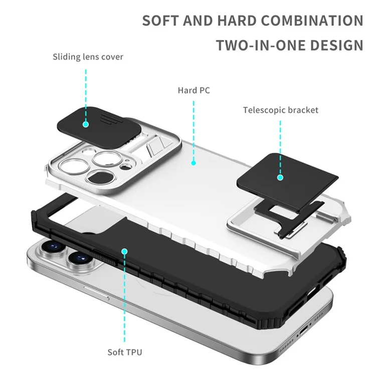 For iPhone 14 Pro Max 6.7 inch Slide Camera Protection Cell Phone Shell Kickstand PC + TPU Hybrid Cover Phone Case - White