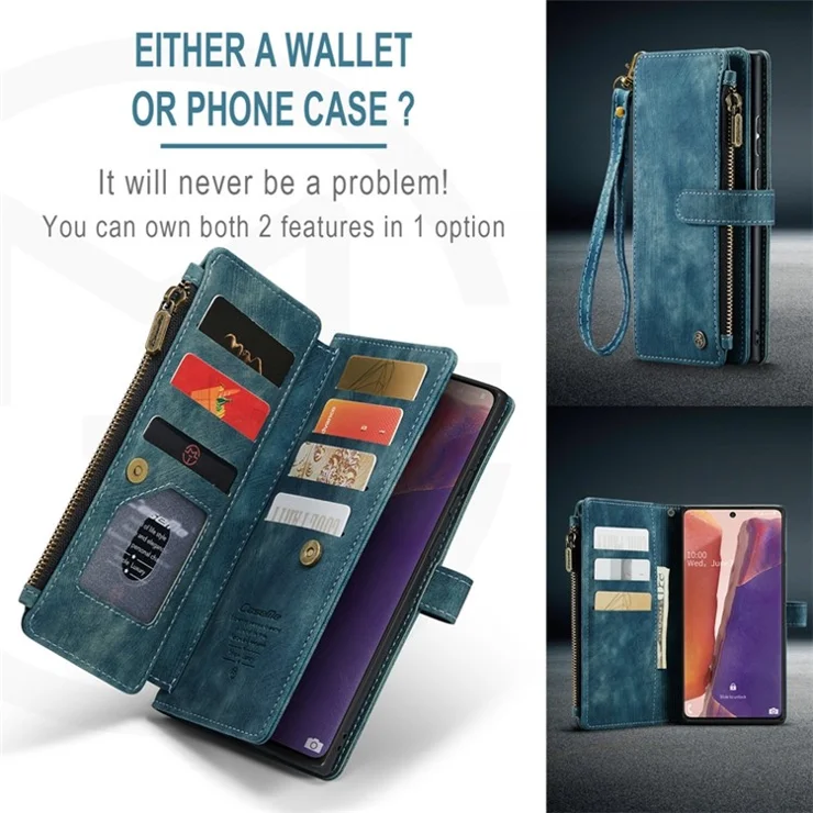 For Samsung Galaxy Note20 5G / 4G Phone Cases with Strap CASEME C30 Zipper Multiple Card Holder PU Leather Cover - Blue