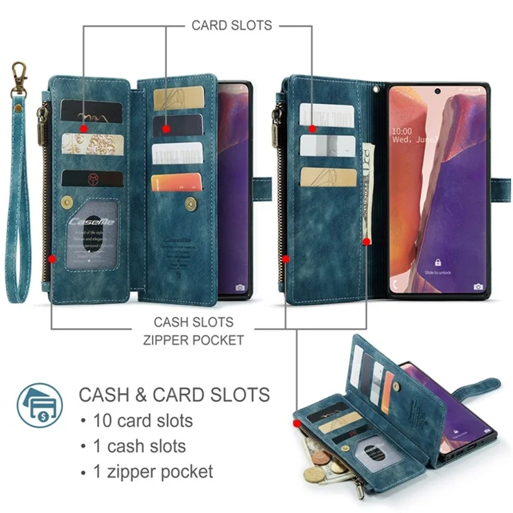For Samsung Galaxy Note20 5G / 4G Phone Cases with Strap CASEME C30 Zipper Multiple Card Holder PU Leather Cover - Blue
