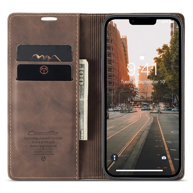 CASEME 013 Series for iPhone 14 Plus 6.7 inch Shockproof Flip Case Anti-wear PU Leather Wallet Cover Stand Magnetic Auto-absorbed Shell - Coffee