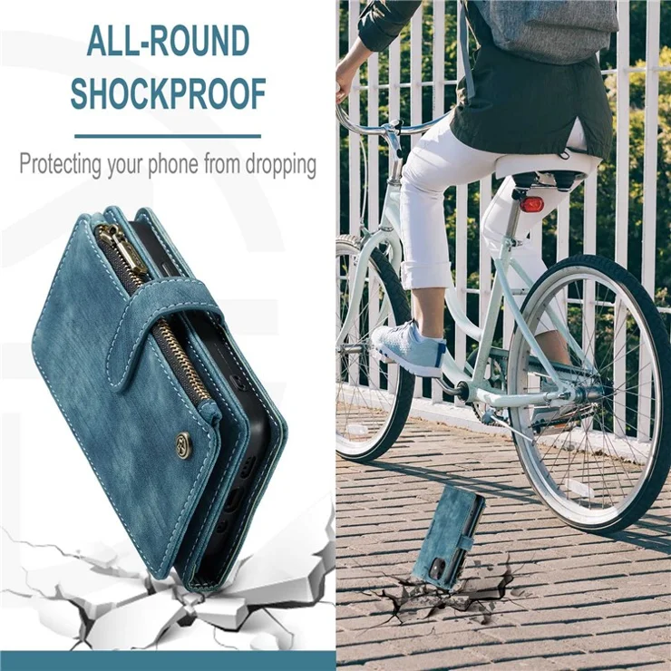 For iPhone 12 mini Phone Cases with Strap CASEME C30 Zipper Multiple Card Holder PU Leather Cover - Blue