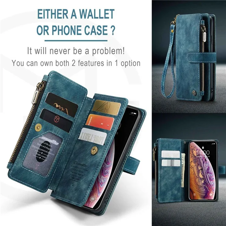 For iPhone X / XS Phone Cases with Strap CASEME C30 Zipper Multiple Card Holder PU Leather Cover - Blue
