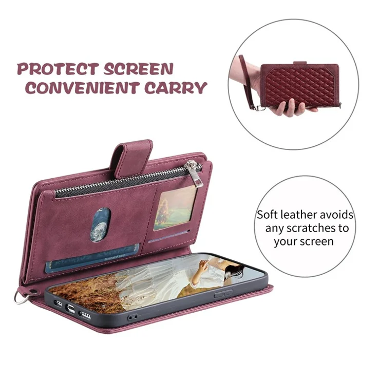 005 Style For Samsung Galaxy S22 Ultra 5G, Shockproof Phone Wallet Cover Zipper Pocket Anti-wear Case Rhombus Texture PU Leather Shell Stand with Strap Card Holder - Wine Red