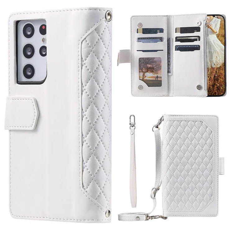 005 Style For Samsung Galaxy S21 Ultra 5G, Full Protection Phone Wallet Cover Zipper Pocket Case Rhombus Texture PU Leather Shell Stand with Strap Card Holder - White