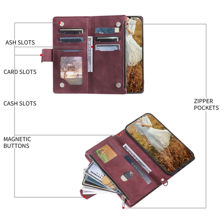 005 Style For Samsung Galaxy F23 5G / M23 5G / M13 4G / A23 5G (Global Version) / 4G, Rhombus Texture Zipper Pocket PU Leather Phone Case Anti-fall Stand Wallet Shell - Wine Red