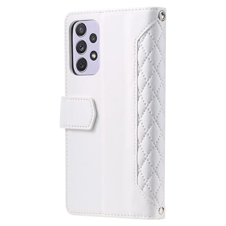 005 Style Drop-proof Phone Wallet Case for Samsung Galaxy A73 5G, Rhombus Texture Zipper Pocket PU Leather Scratch-resistant Mobile Phone Cover Stand with Strap Card Holder - White