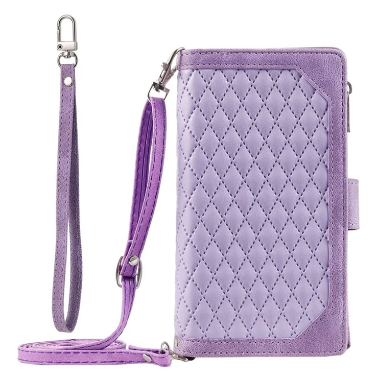 005 Style Rhombus Texture PU Leather Phone Case For iPhone 13 mini 5.4 inch, Card Holder Anti-fall Shock-absorption Zipper Pocket Wallet Cover Stand with Strap - Purple