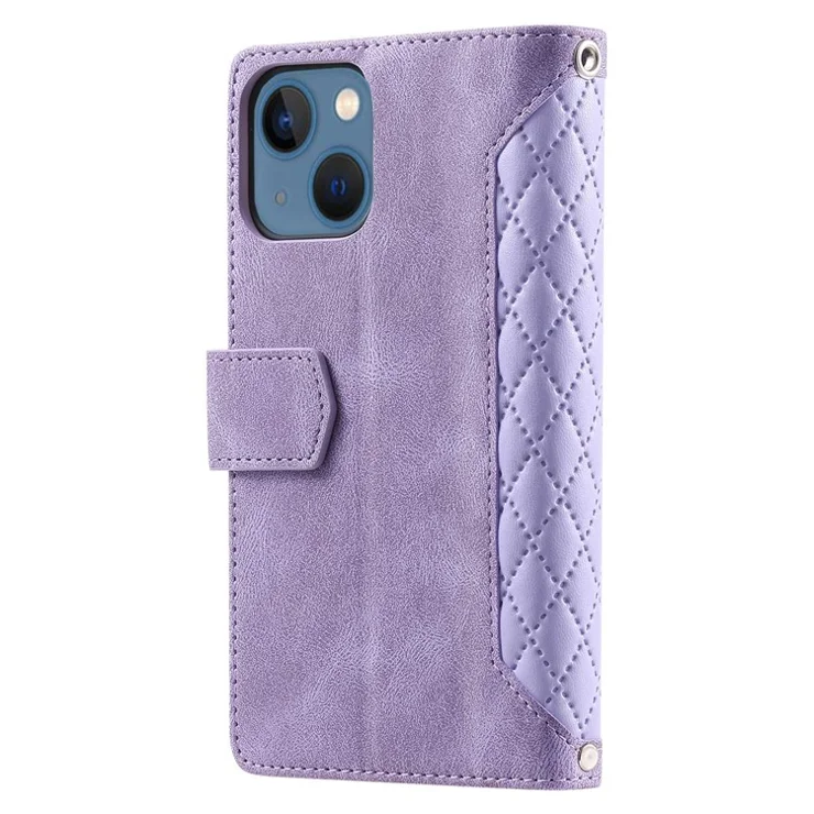 005 Style Rhombus Texture PU Leather Phone Case For iPhone 13 mini 5.4 inch, Card Holder Anti-fall Shock-absorption Zipper Pocket Wallet Cover Stand with Strap - Purple
