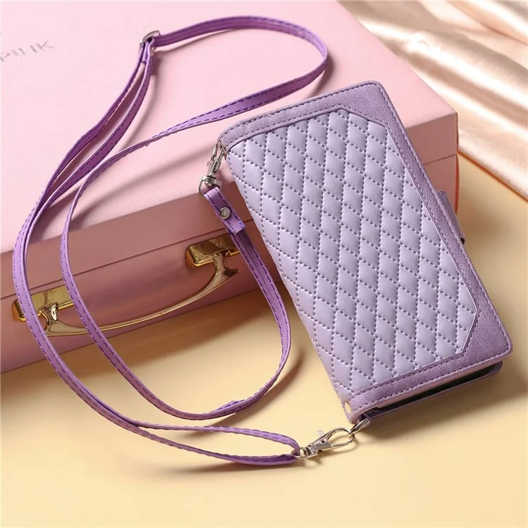 005 Style Rhombus Texture PU Leather Phone Case For iPhone 13 mini 5.4 inch, Card Holder Anti-fall Shock-absorption Zipper Pocket Wallet Cover Stand with Strap - Purple