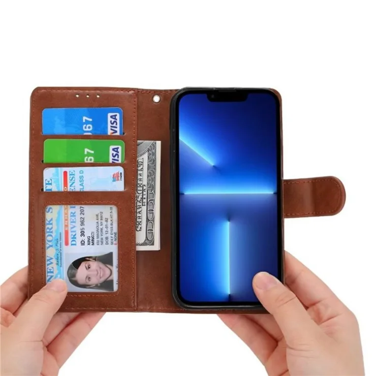For iPhone 14 Pro Max 6.7 inch Anti-scratch Crazy Horse Texture PU Leather Phone Flip Wallet Case Foldable Stand Protective Mobile Phone Cover - Brown
