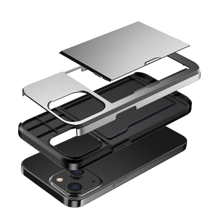 Card Holder Phone Case for iPhone 14 Plus 6.7 inch , TPU + PC Dual Layer Protective Cover - Grey