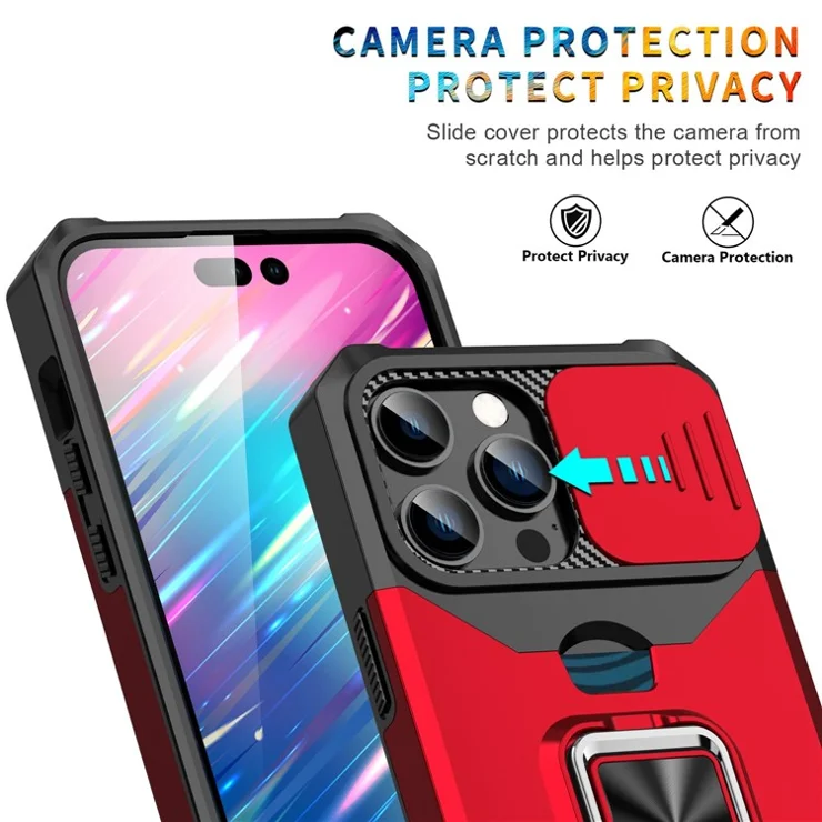 For iPhone 14 Pro Max 6.7 inch Slide Camera Lens Cover Card Slot Feature Case Kickstand Design Hard PC Soft TPU Hybrid Protective Phone Cover - Rose Gold