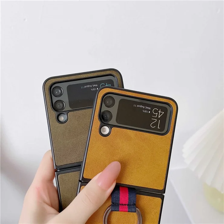 For Samsung Galaxy Z Flip4 5G Textured PU Leather Coated PC Back Cover Metal Ring Holder Folding Phone Case - Blue