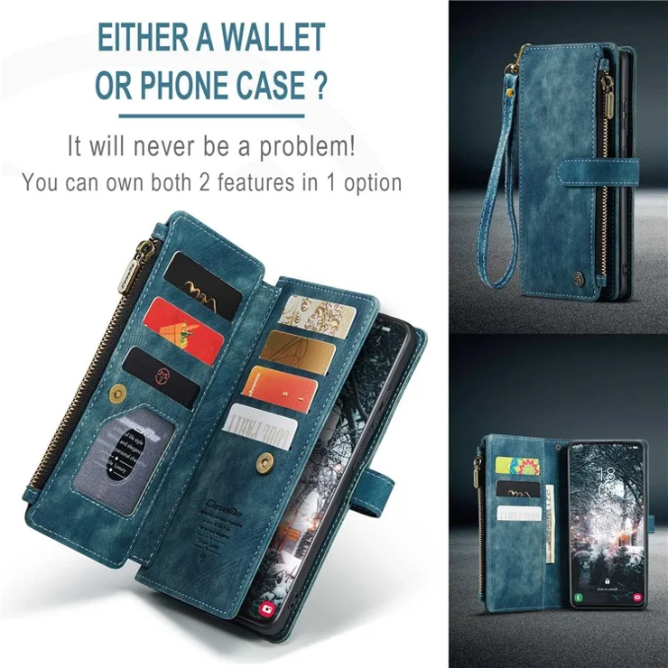 For Samsung Galaxy S22+ 5G Phone Cases with Strap CASEME C30 Zipper Multiple Card Holder PU Leather Cover - Blue