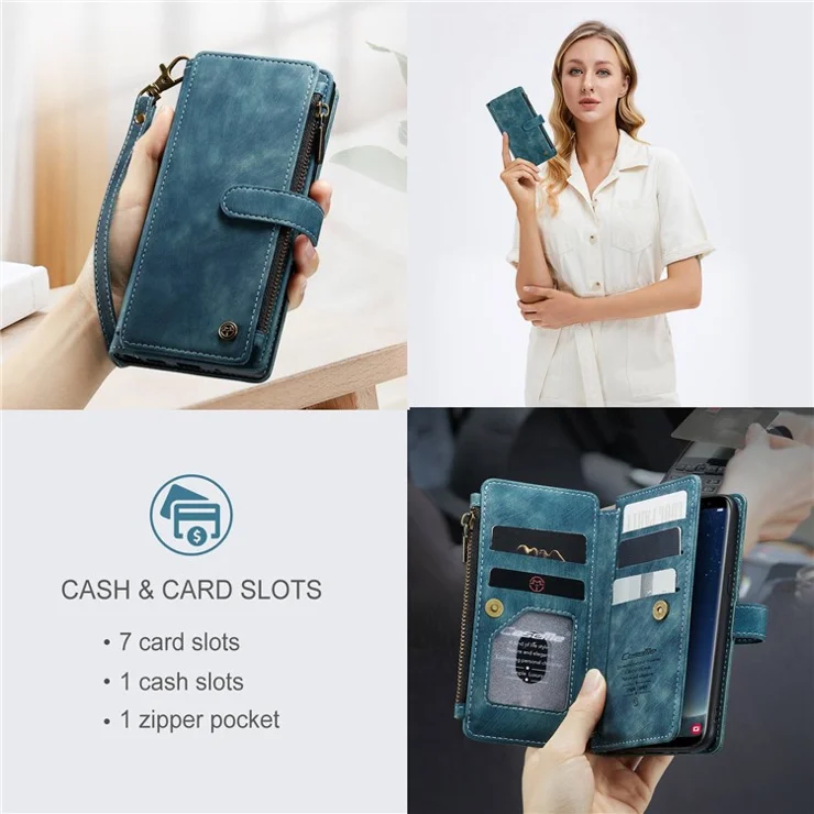 For Samsung Galaxy S22 5G Phone Cases with Strap CASEME C30 Zipper Multiple Card Holder PU Leather Cover - Blue