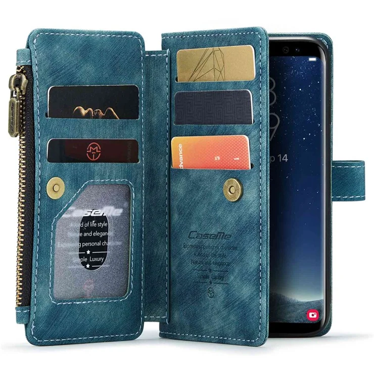 For Samsung Galaxy S22 5G Phone Cases with Strap CASEME C30 Zipper Multiple Card Holder PU Leather Cover - Blue