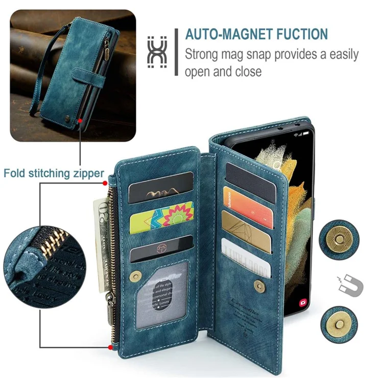 For Samsung Galaxy S21 Ultra 5G Phone Cases with Strap CASEME C30 Zipper Multiple Card Holder PU Leather Cover - Blue