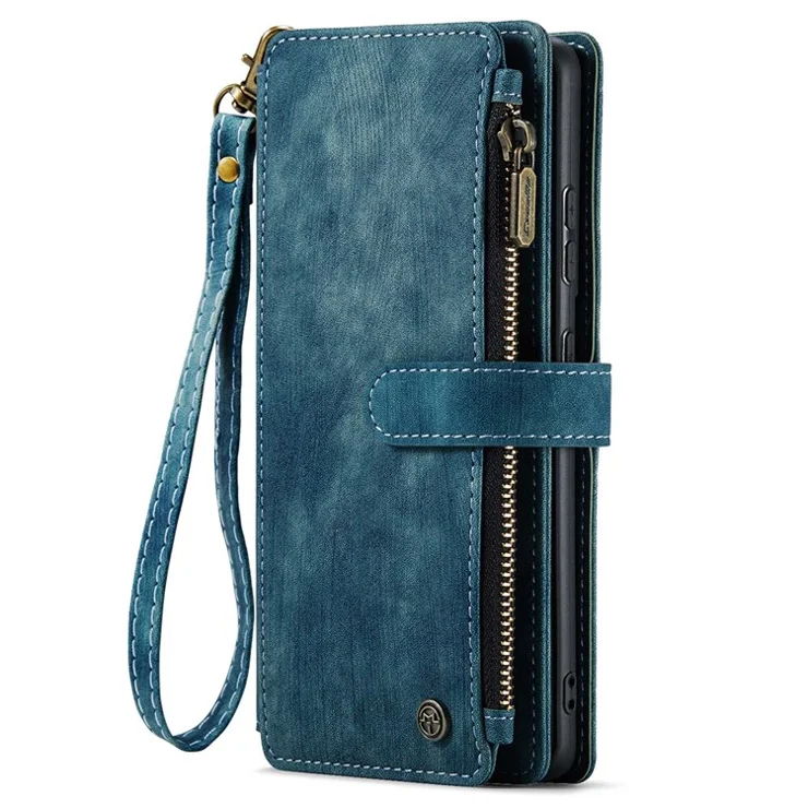 For Samsung Galaxy S21 Ultra 5G Phone Cases with Strap CASEME C30 Zipper Multiple Card Holder PU Leather Cover - Blue