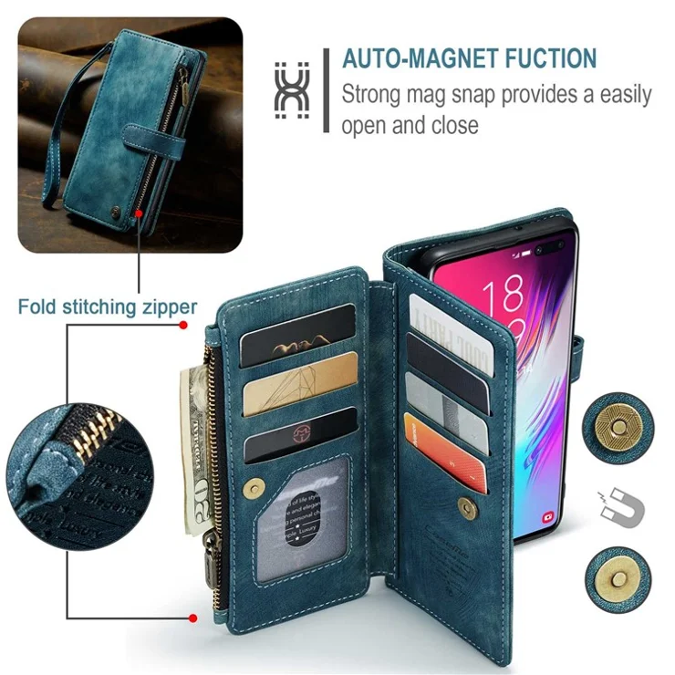 For Samsung Galaxy S10 Plus 4G Phone Cases with Strap CASEME C30 Zipper Multiple Card Holder PU Leather Cover - Blue