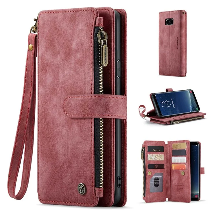 For Samsung Galaxy S8+ Phone Cases with Strap CASEME C30 Zipper Multiple Card Holder PU Leather Cover - Red