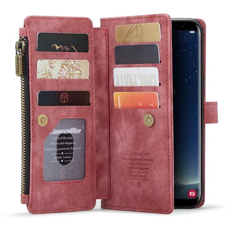 For Samsung Galaxy S8+ Phone Cases with Strap CASEME C30 Zipper Multiple Card Holder PU Leather Cover - Red